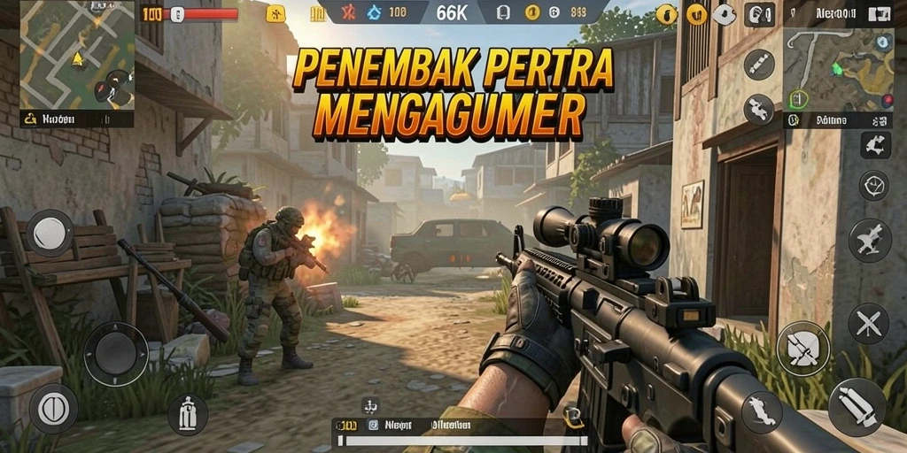 Tangkapan layar 66K menampilkan aksi tembak-menembak yang intens di medan perang.