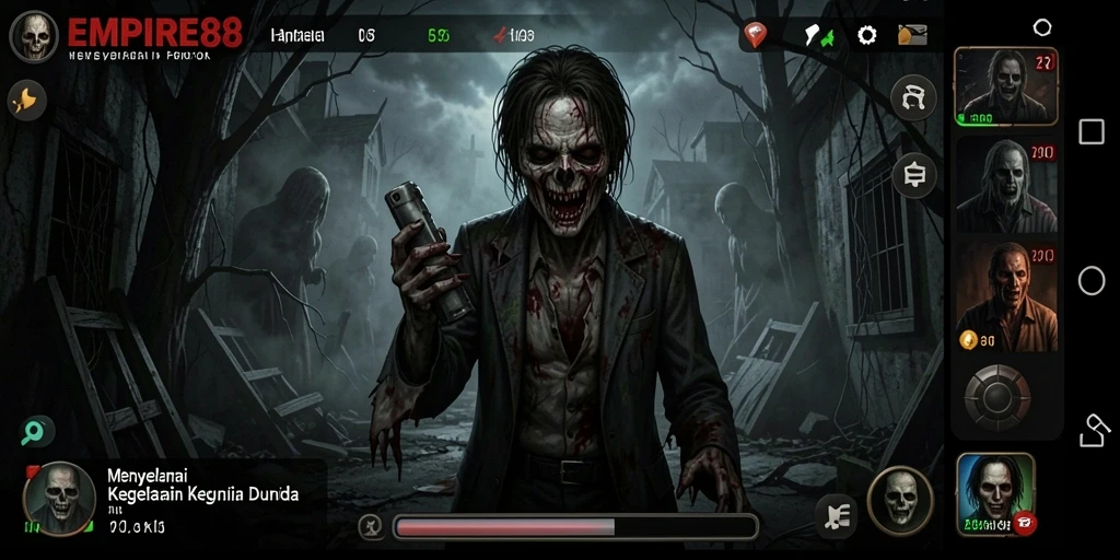 Screenshot gameplay EMPIRE88 menampilkan suasana mencekam dan karakter menyeramkan.