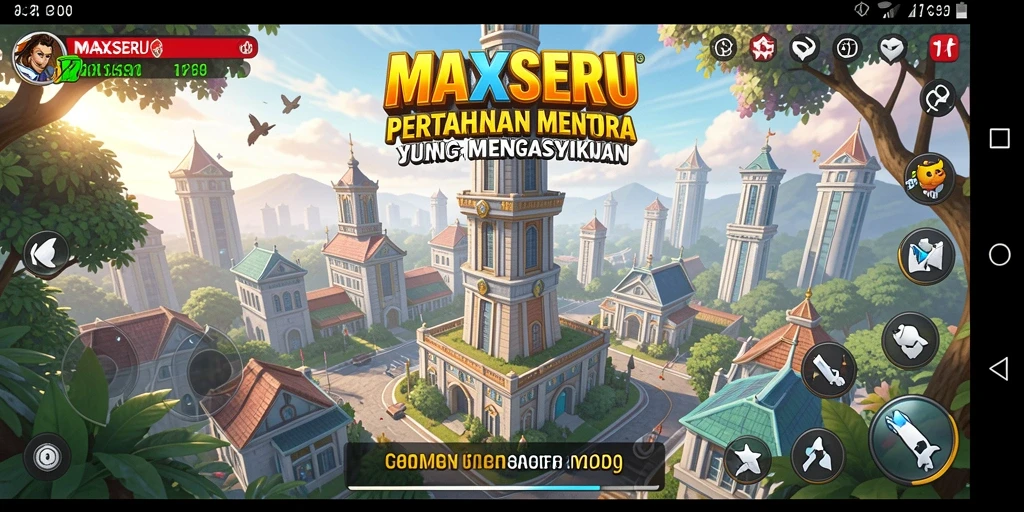 Screenshot gameplay MAXSERU menunjukkan menara pertahanan yang siap beraksi.
