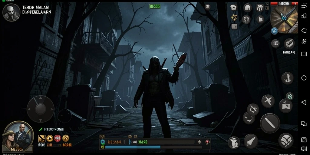 Screenshot gameplay ME355 yang menakutkan dengan suasana kelam.