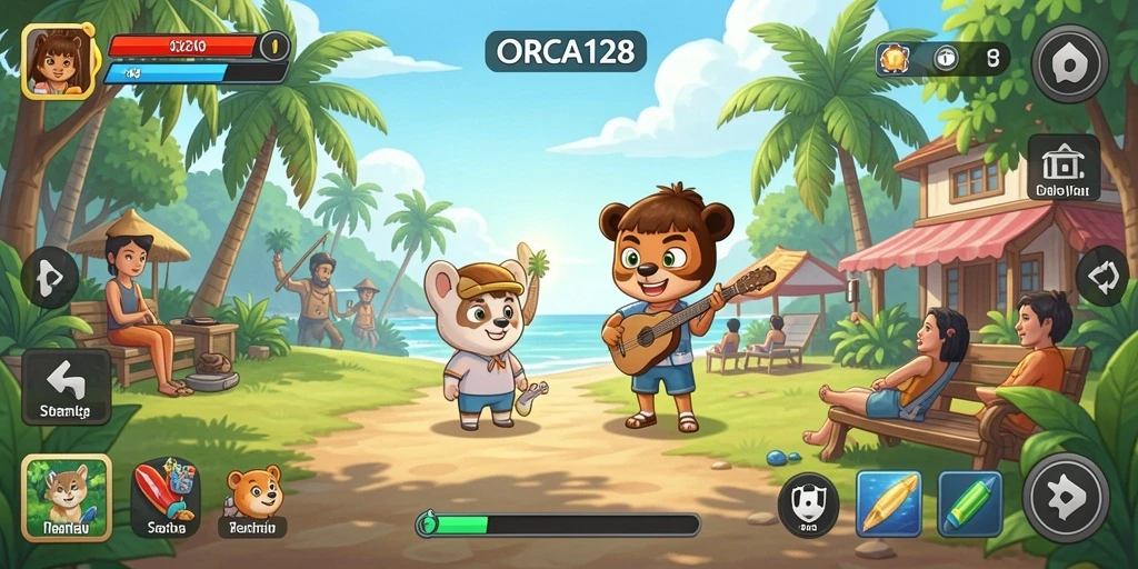Tampilan gameplay ORCA128 yang menyenangkan dan colorful.
