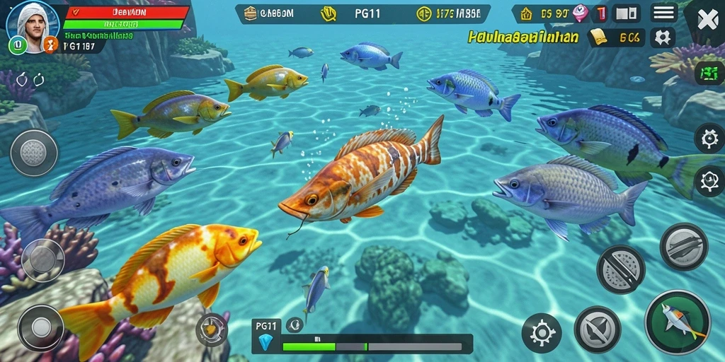 Screenshot PG11 menampilkan aksi seru menangkap ikan di bawah laut.