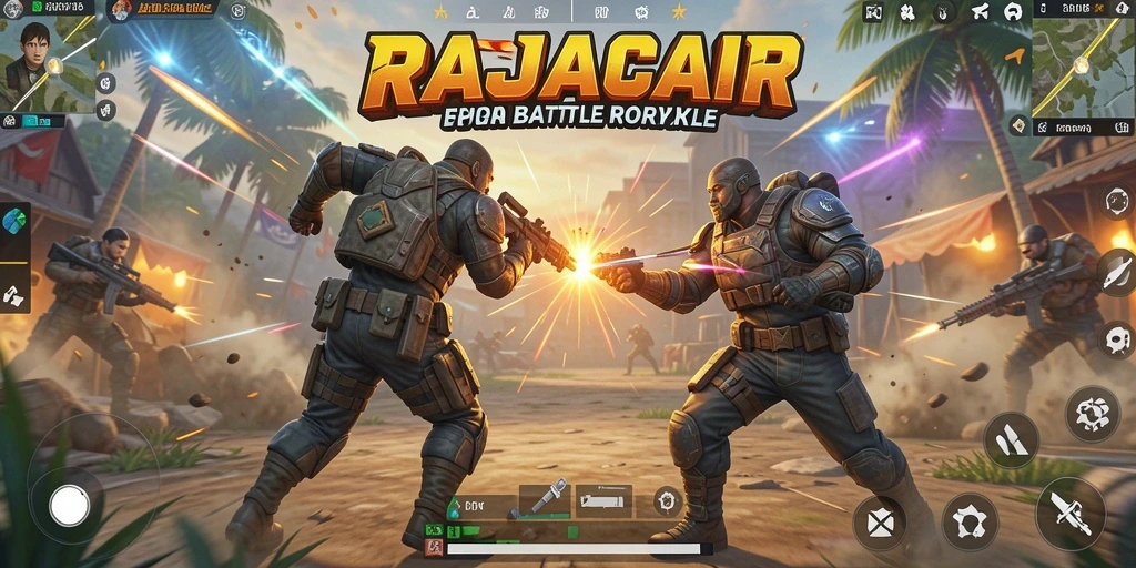 Tampilan aksi pertempuran intens dalam RAJACAIR, menampilkan pemain bertarung dalam mode Battle Royale.