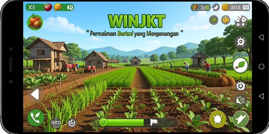 Tampilan gameplay <strong>WINJKT</strong> dengan aktivitas bertani yang menyenangkan.