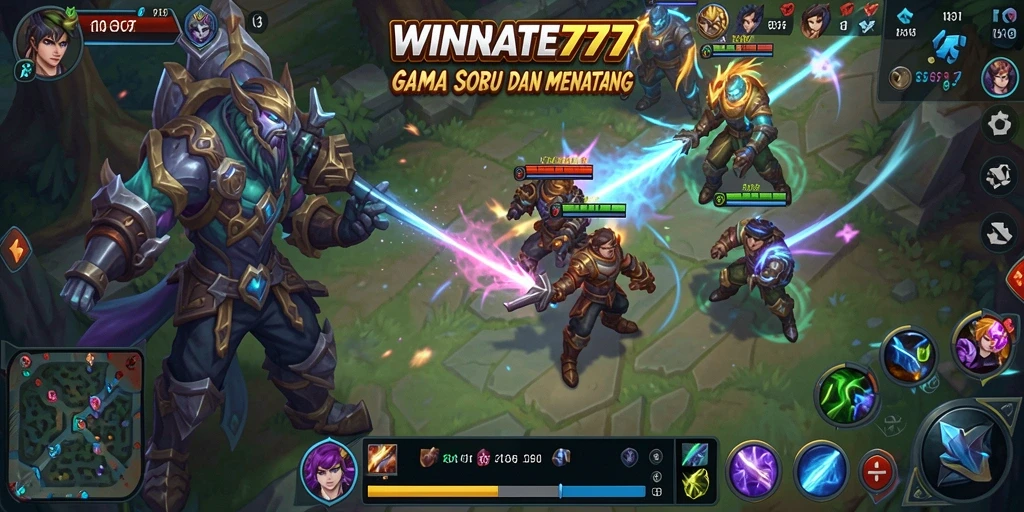 Screenshot gameplay MOBA yang menampilkan aksi tim dalam pertempuran.